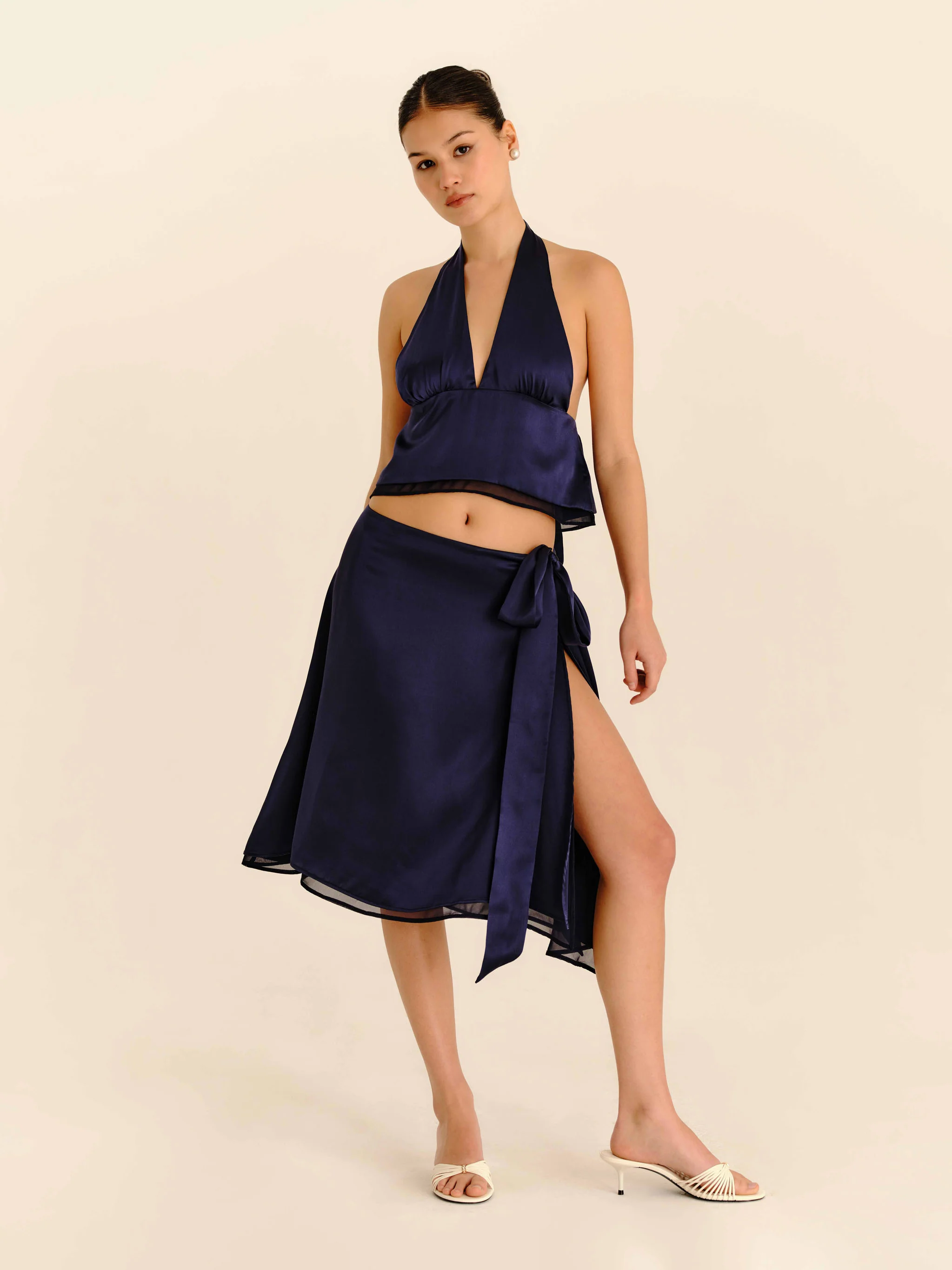 Romance Silk Midi Skirt - Navy Blue - Image 4