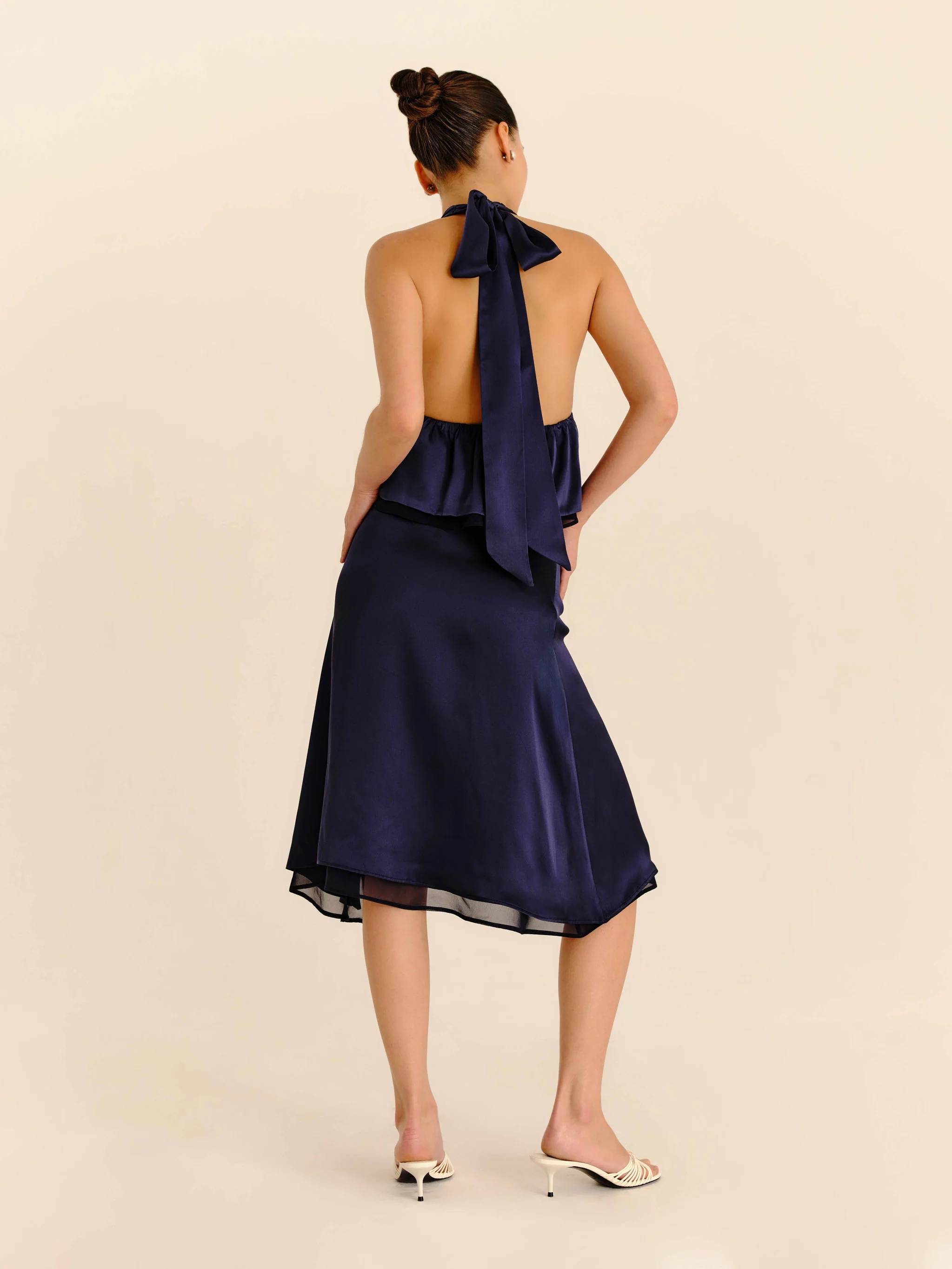 Romance Silk Midi Skirt - Navy Blue - Image 5